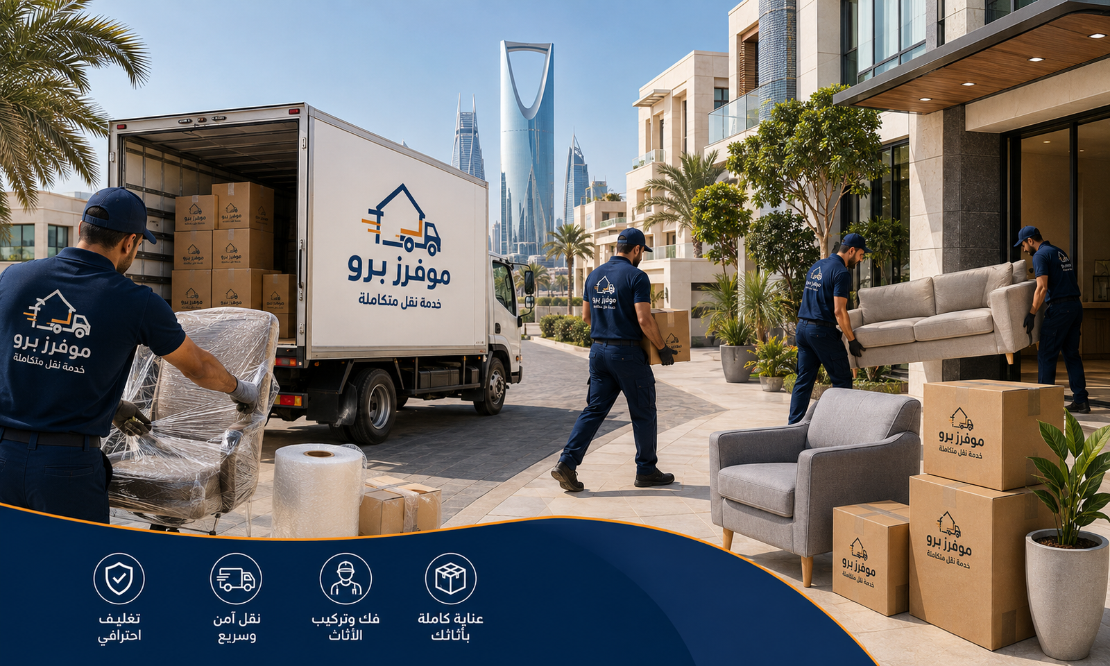 فريق متخصص في نقل الأثاث والعفش أمام منزل حديث في الرياض